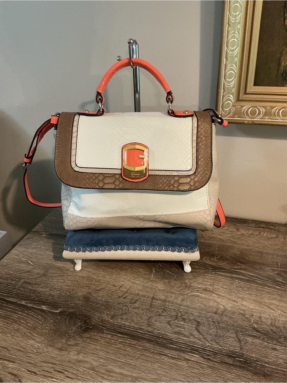 Guess Snakeskin Stripe Satchel Shoulder Bag White Brown Coral